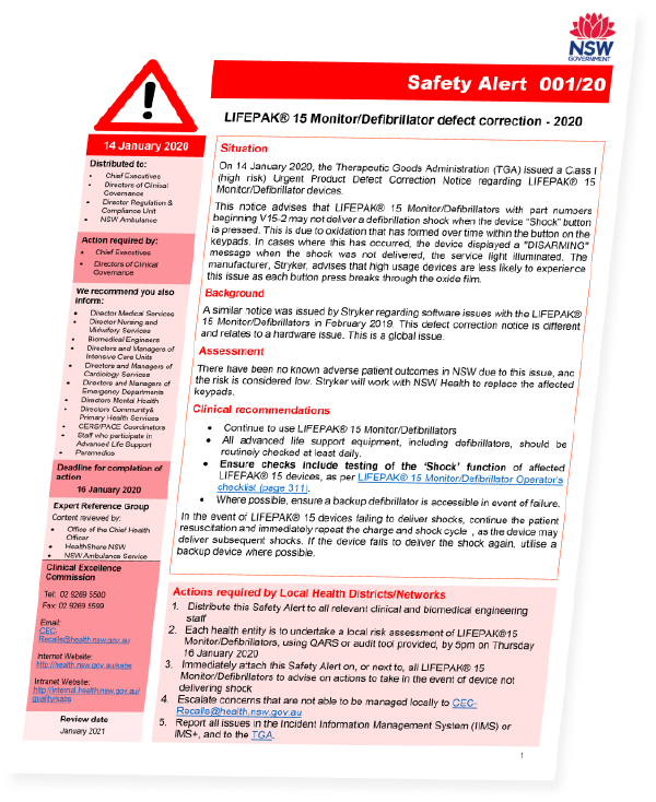 The front page of the safety alert document
